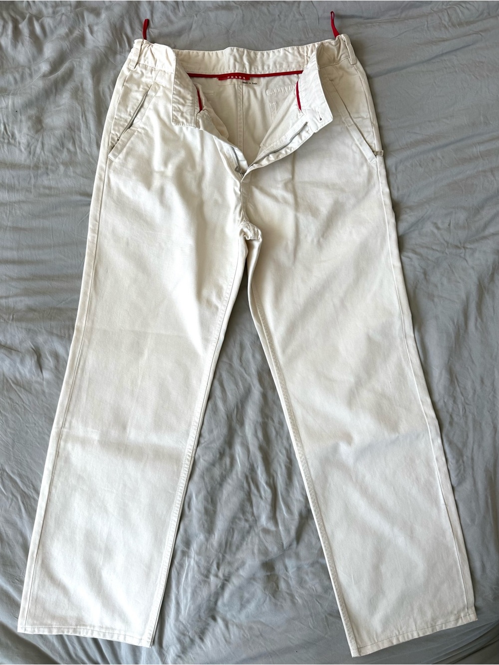 Vintage Prada Off-White Cotton Chinos with Red Trim